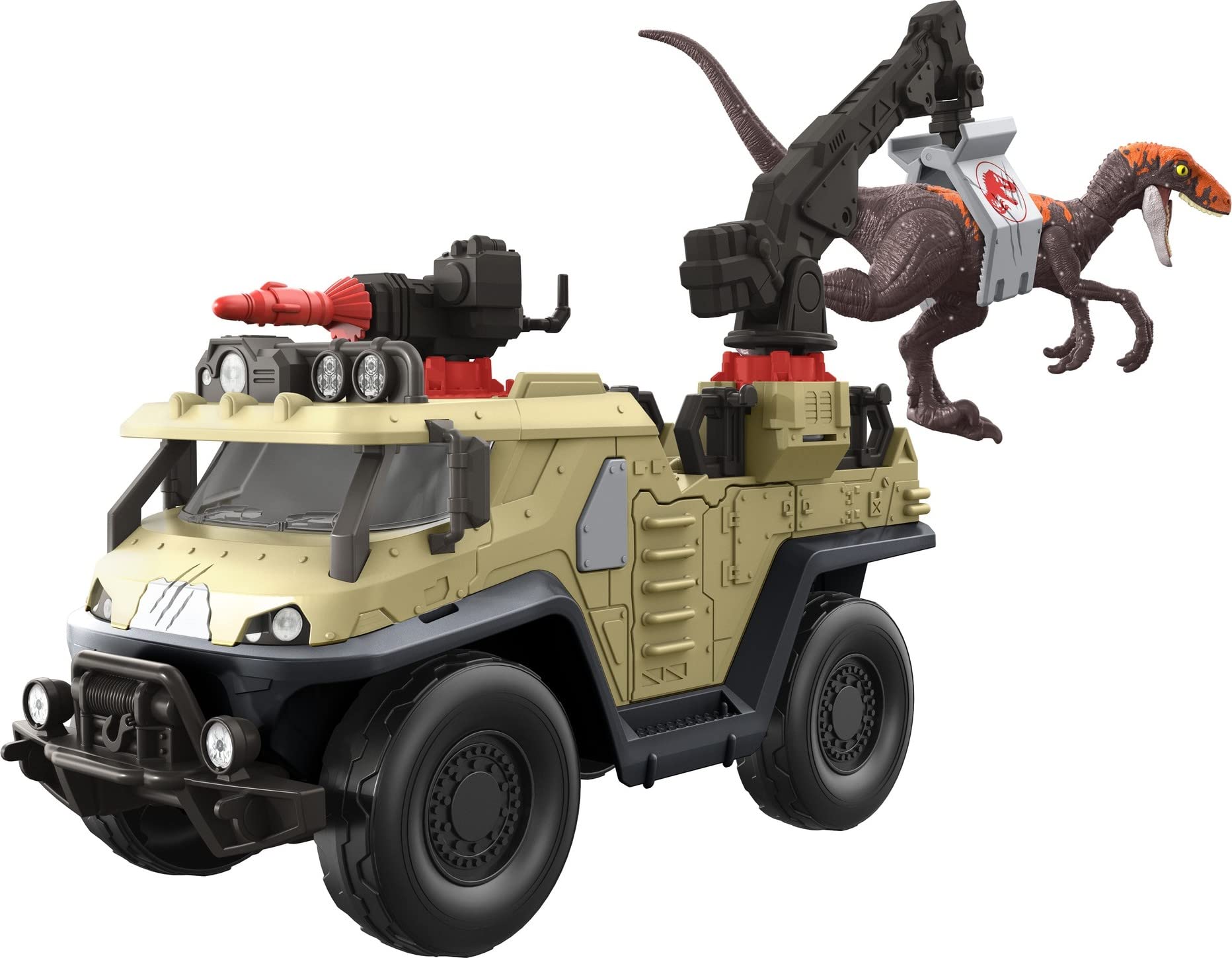 Mattel Jurassic World Dominion Capture & Crush Truck with Velociraptor, Vehicle Toy with Tranq Shooter, Crane & 2 Breakaways