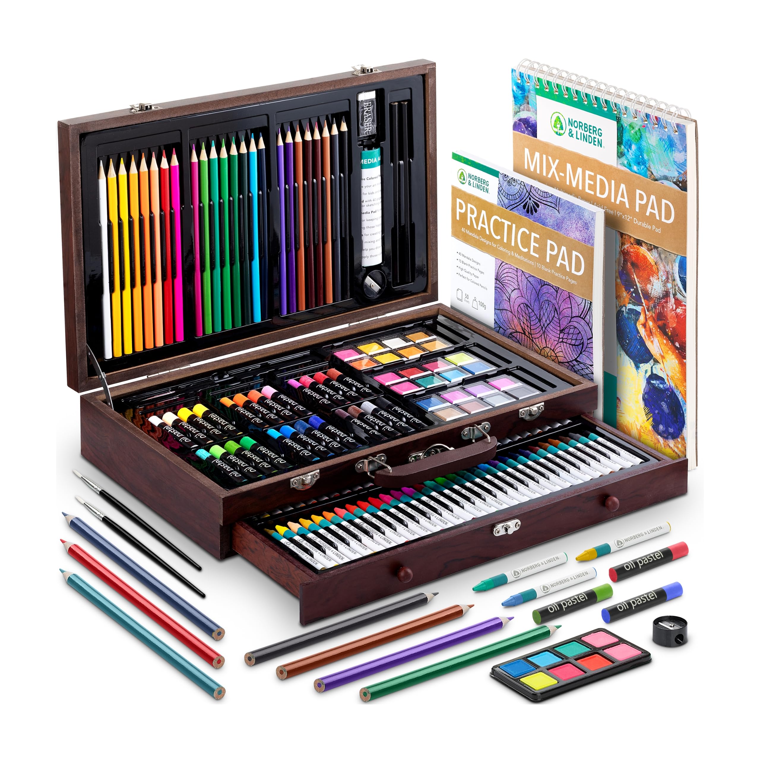 Norberg & Linden 144-Piece Art Set in Wooden Box with Drawer - Art Set for Adults, Teens, Kids - Premium Art Supplies - Includes Watercolors, Oil Pastels, Crayons, & More